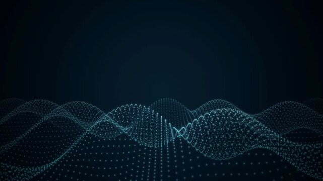 A glowing digital double helix particle wave rotates in a seamless loop