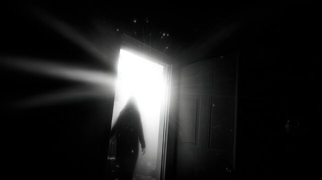 Silhouette in doorway with bright light representing mystery and hope