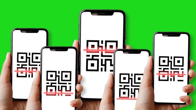 Hands holding smartphones scanning QR codes on green screen background.
