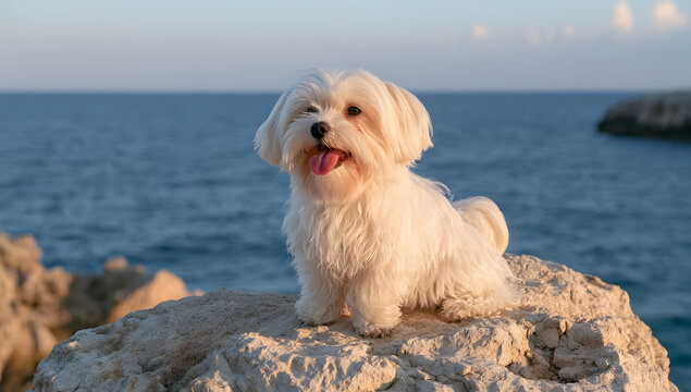 A Maltese dog, playful in nature, sat on the coastal rock, watching the sea