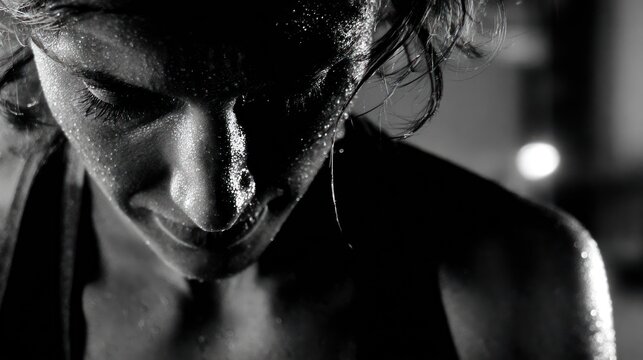 Close up monochrome portrait of a person in dramatic lighting