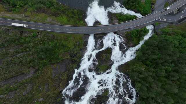 Drone shot of Langfossen, a massive waterfall in southern Norway