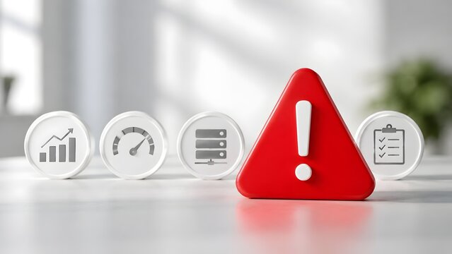 System Performance Warning Concept with Red Alert Triangle and IT Infrastructure Icons on Bright Desk