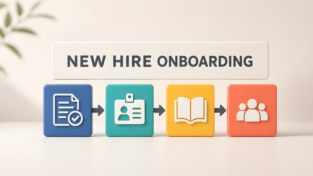 3D minimal blocks showing new hire onboarding process with document ID training and team icons