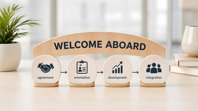 Wooden blocks displaying welcome aboard message and employee onboarding stages on bright office desk