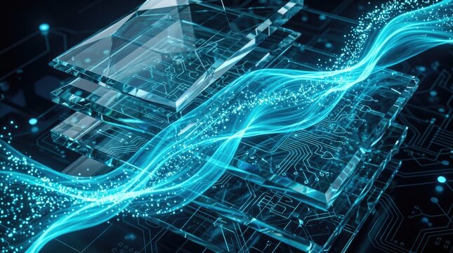 Abstract digital data flow visualization within intricate computing infrastructure, depicting advanced technology, network connectivity, and future innovation potential