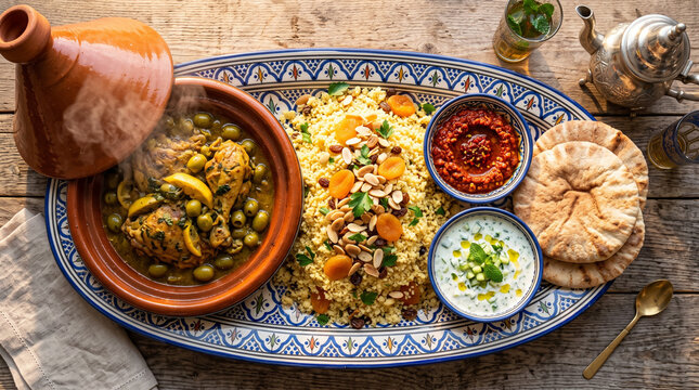 Moroccan chicken tagine, slow-cooked in a characteristic clay pot with lemons and olives.It is served alongside a fluffy mound of couscous adorned with almonds and dried apricots.