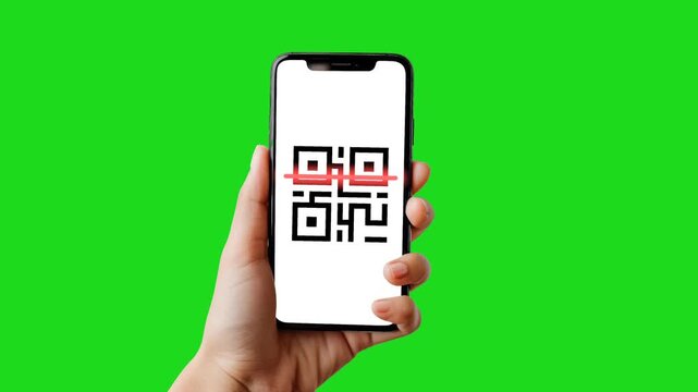 Hand Holding Smartphone Scanning QR Code on Green Screen Background.
