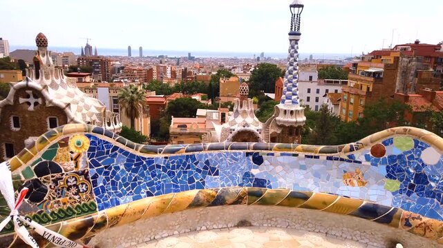 Panoramic view over park guell architectural landmark in barcelona city.