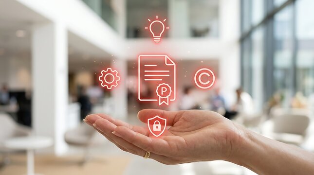 Woman holding glowing copyright certificate symbol with idea lightbulb and gear icons hand icon shield office finger palm.