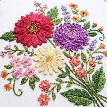 Chrysanthemums and daisies form a colorful cluster of hand-stitched embroidery that captures the essence of a wildflower meadow through meticulous needlework and vibrant thread colors on canvas.