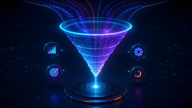 Futuristic glowing digital funnel filtering neon data particles with business analytics icons representing sales conversion and big data processing