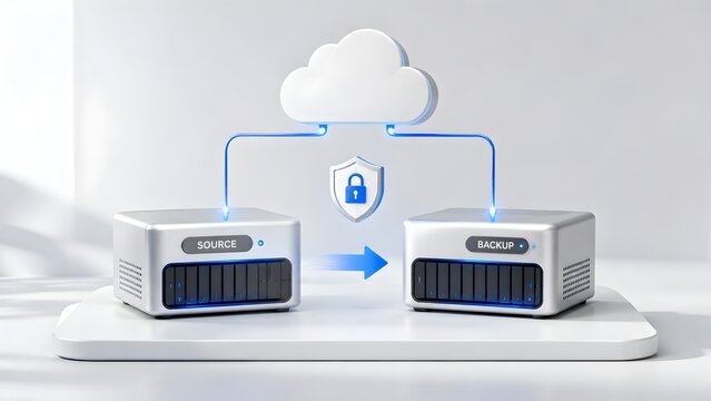 Source and backup servers performing secure data migration to the cloud with metal padlock shield in a clean bright environment.
