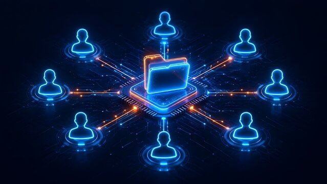 Glowing file folder on a microchip connected to a cyber user network representing secure server data sharing and digital processing