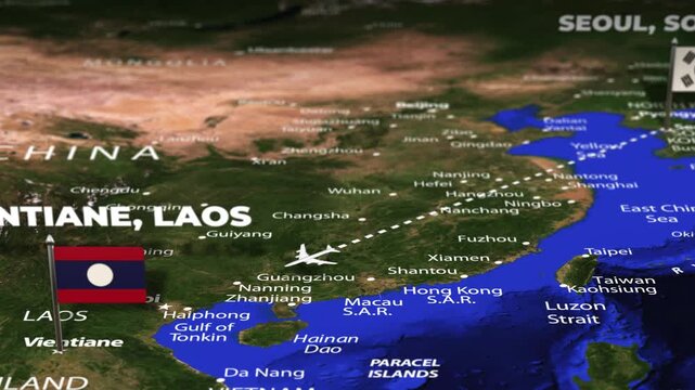 Flight From Seoul SOUTH KOREA Vientiane LAOS with flag pins