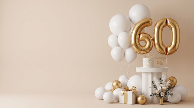 Minimalist happy 60th birthday Background Concept with White Balloons and Gold Number 60 Copy Space