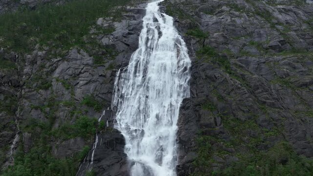 Drone shot of Langfossen, a massive waterfall in southern Norway