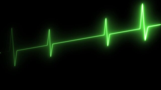 Abstract heart beats, heartbeat line neon light heart rate display screen medical, valentine day concept. Glowing cardiogram heartbeat pulse rate animation on black background, heart health monitoring