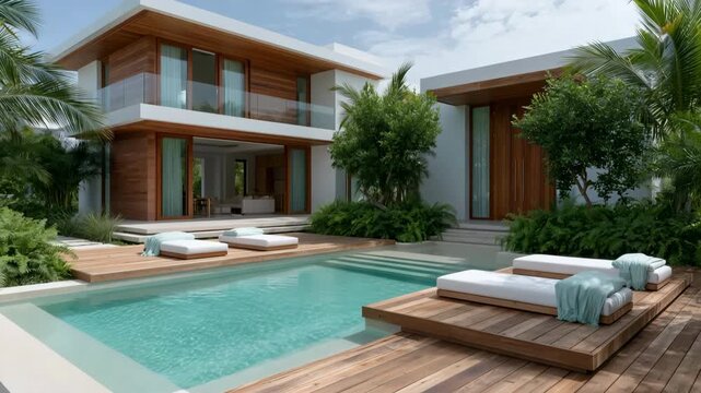 Contemporary two story villa with private pool and wooden deck for luxury vacation rental background and outdoor design