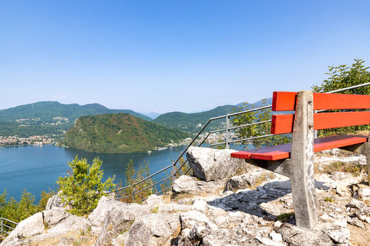 A bird&rsquo;s-eye view of the landscape overlooking Mount Caslano in Ticino. A sunny summer&rsquo;s day. The lake is a beautiful shade of blue.