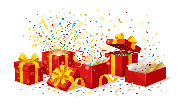 Wrapped gift boxes exploding with confetti during celebration vector illustration on black