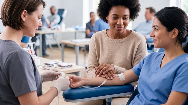 blood donation healthcare women volunteer nurse donor support clinic charity Medical worker prepares a donor while a friend offers comfort at a community drive for lifesaving care and health campaigns