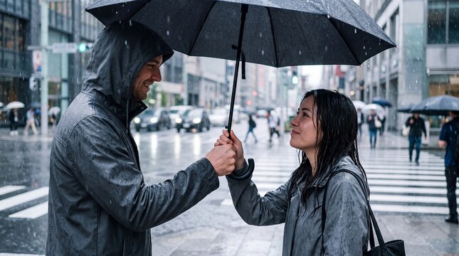 kindness umbrella rain city man woman sharing help street support Stranger shelters a pedestrian beneath his umbrella at a crosswalk for compassion courtesy community care and social campaigns
