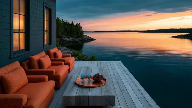 Lakeside wooden dock with orange armchairs for sunset background and cozy relaxation banner design for retreat and leisure use
