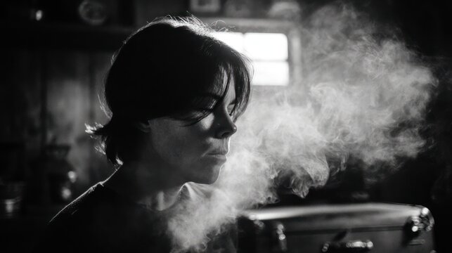 Monochromatic portrait of a person exhaling smoke with dramatic lighting