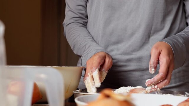 Fried chicken breading process in a home kitchen