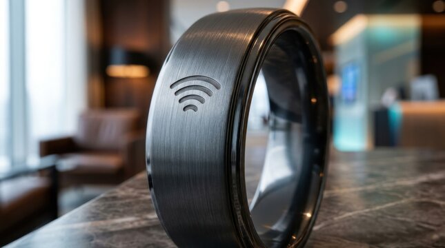 Brushed metal smart ring with wifi symbol on finger for wireless technology connection.