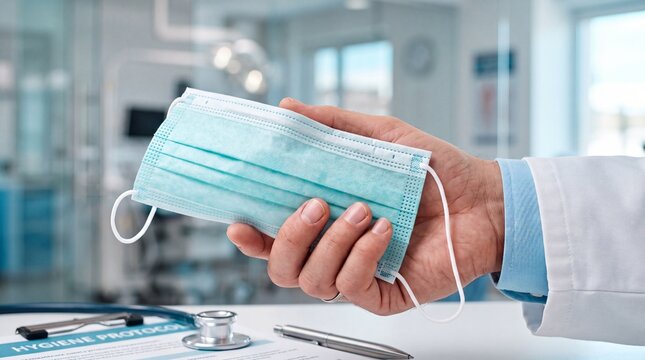 Medical professional offering protective face mask for safety against viruses and airborne pathogens in clinic