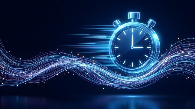 Glowing digital stopwatch with dynamic light trails representing high speed internet connection fast data processing and time management.