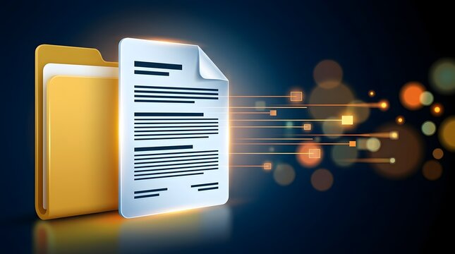 Physical yellow folder opening to reveal a glowing digital document emitting data streams representing file digitization and electronic archiving.