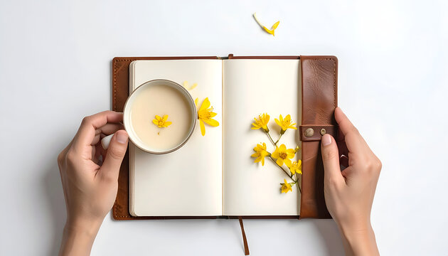 Open notebook with yellow flowers and tea cup for relaxation