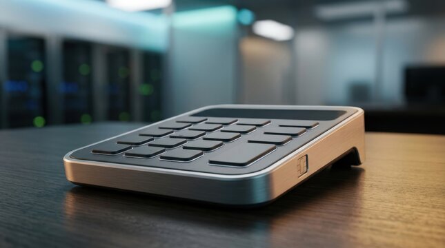 Modern gray keyboard with numeric keypad on dark wooden table.