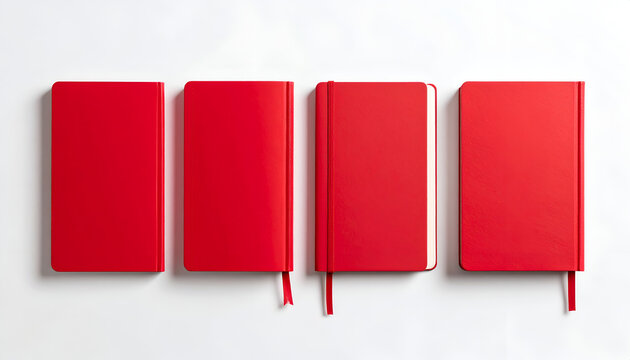 Four Red Notebooks with Ribbons on White Background