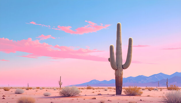 Desert Landscape with Saguaro Cactus and Pink Sunset Sky