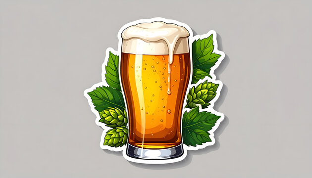 Cartoon Beer Glass with Foam and Hops Illustration