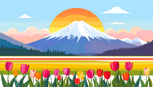 Beautiful Mountain Landscape with Tulips and Sunrise