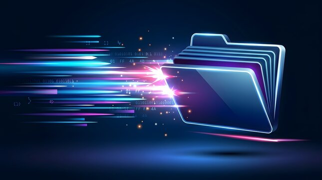 Fast flying glowing blue digital file folder emitting colorful neon light trails and binary numbers representing high speed internet data transfer.