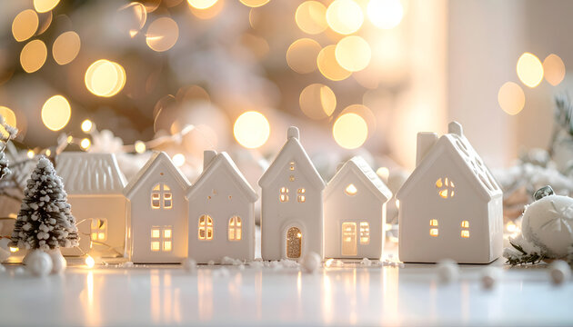 Miniature White Houses with Warm Holiday Lights Display