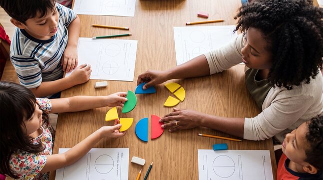 fractions math children teacher circles pieces classroom learning geometry activity Pupils assemble colored circle segments to visualize parts and wholes for practical numeracy and math campaigns