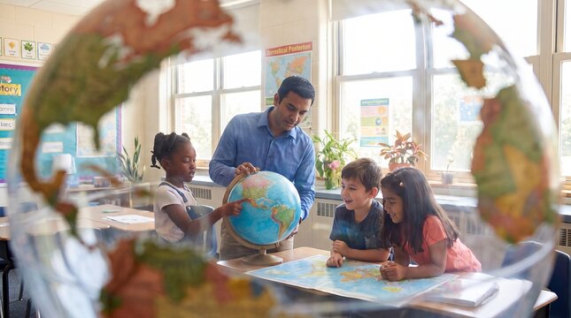 geography globe map children teacher classroom learning countries exploration diversity teacher guides children with a globe and map building spatial knowledge cultural curiosity and global awareness