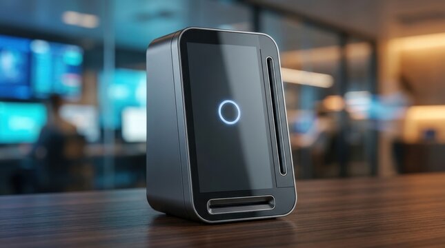 Futuristic contactless payment device with glowing ring and card slot.