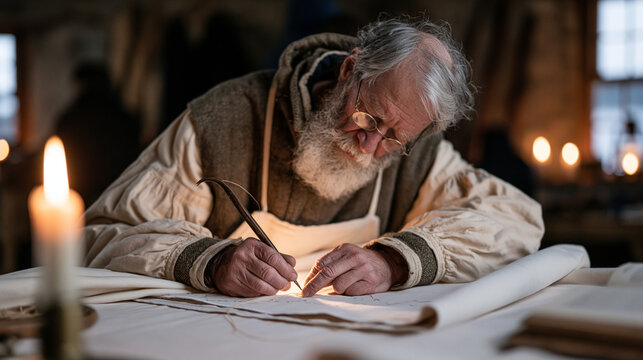 Irish sailmaker bent low over broad canvas in a flickering candlelit workshop, calloused hands pressing a heavy curved needle through layered sailcloth, an unposed moment of