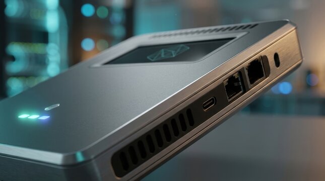 Advanced technology device with ports and indicator lights for secure data.