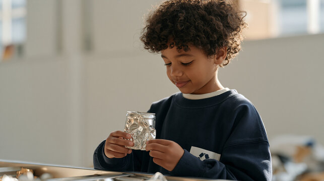 A child stands in a minimalist sorting studio holding a single crushed aluminum container, looking at it with curiosity against a clean background, the child perspective reframing