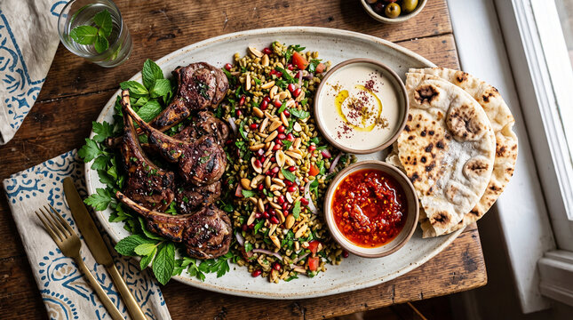 Middle Eastern platter with lamb chops Souces Almonds salad and roti