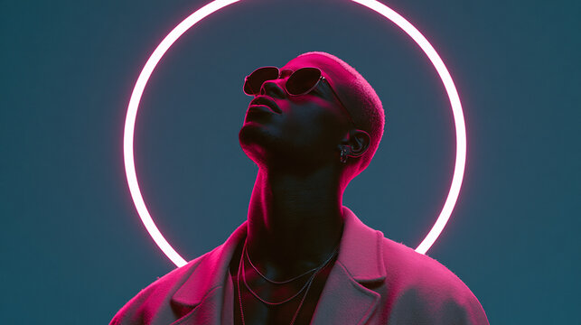 Stylish person look up with neon ring glow on blue background